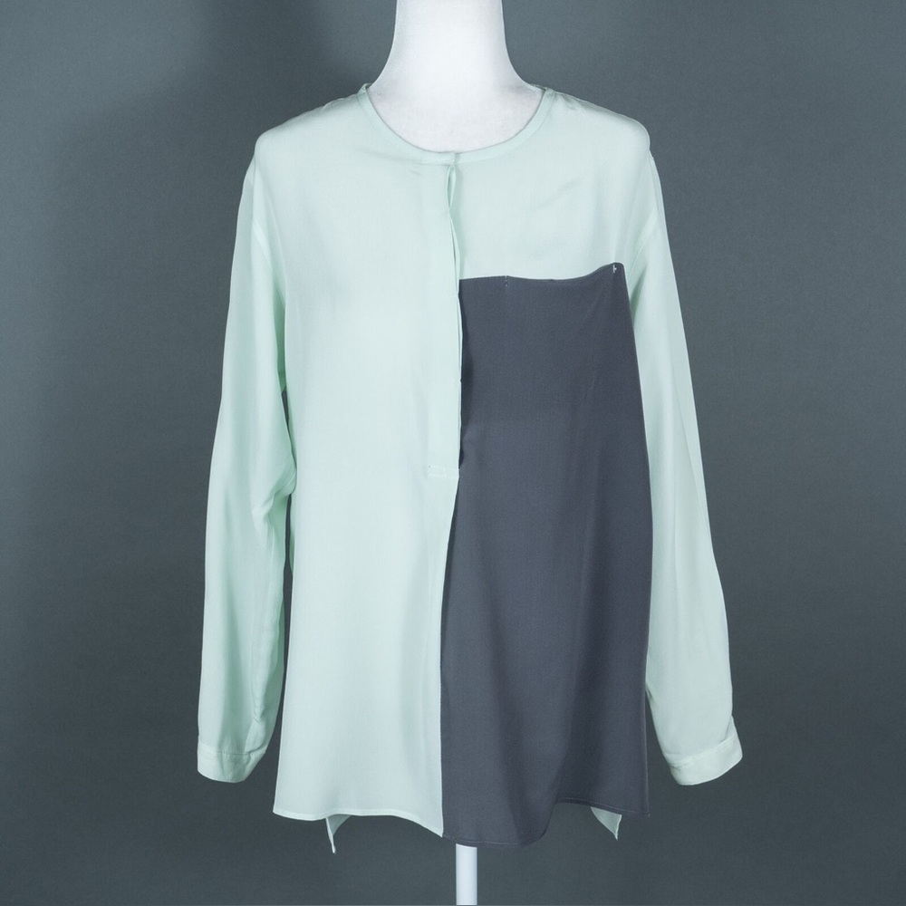 SOLD✨ Dusan 100% silk mint / grey colorblock half button long sleeve blouse
